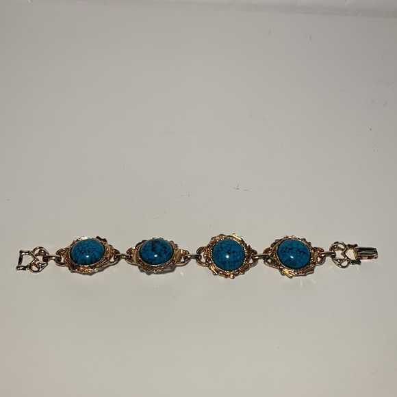 Faux Turquoise Link Bracelet Gold Tone Fold Over Clasp 7โ Bronze/Gold Tone VTG - Picture 4 of 13